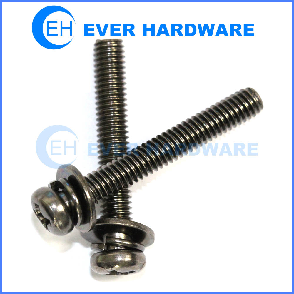 Three combination screw plain spring washer attached cross recessed black plating