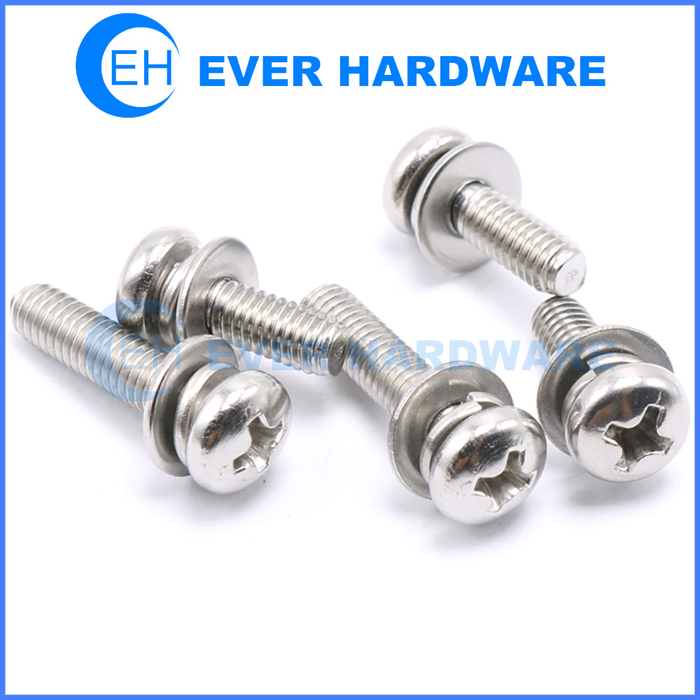 M4 Phillips Screw Round Cross Stainless Steel Pan Bolts Washer Attached Tap Flat Spring Machine Threaded Multi Length Plain Passivated